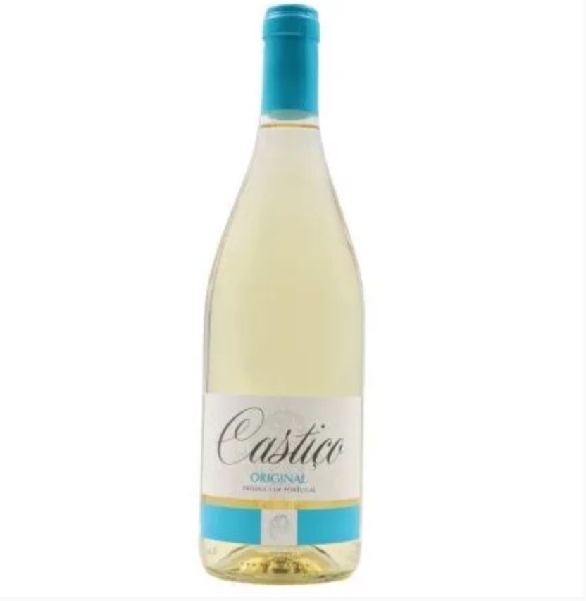 Garrafa de vinho branco castiço com rótulo e tampa azul