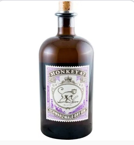 Garrafa de Gin Monkey 47 castanha com rótulo ilustrado de macaco