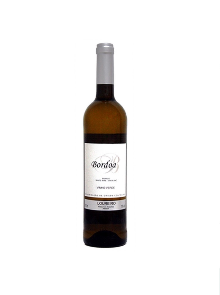 Garrafa de vinho branco Bordoa Loureiro com rótulo branco e tampa prateada