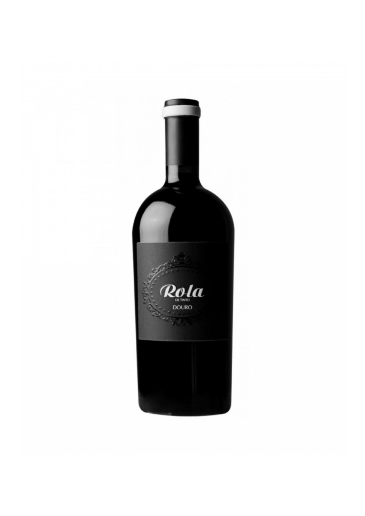 Garrafa de vinho tinto com rótulo preto e texto branco
