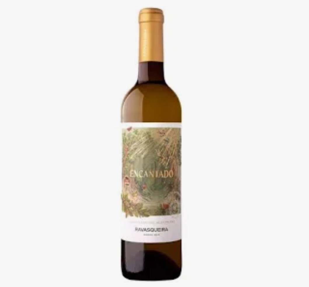 Garrafa de vinho branco Encantado com rótulo decorativo e tampa dourada