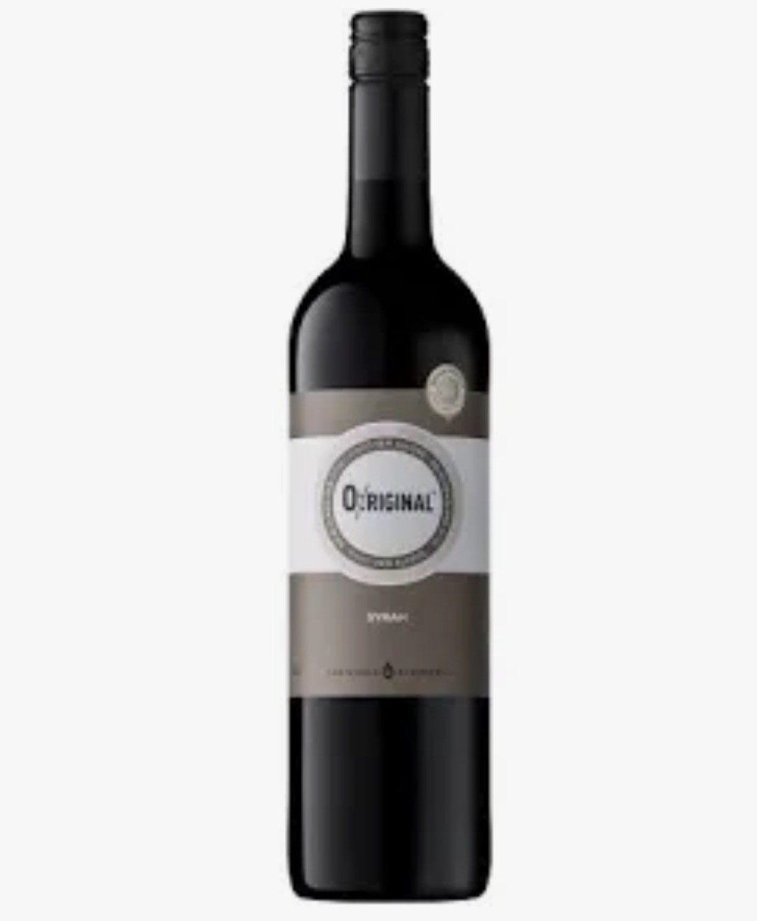Garrafa de vinho tinto Original Syrah com rótulo branco e cinza