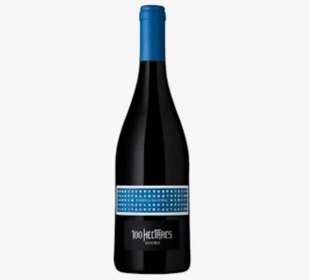 Garrafa de vinho tinto 100 HECTARES DOURO com rótulo azul e preto