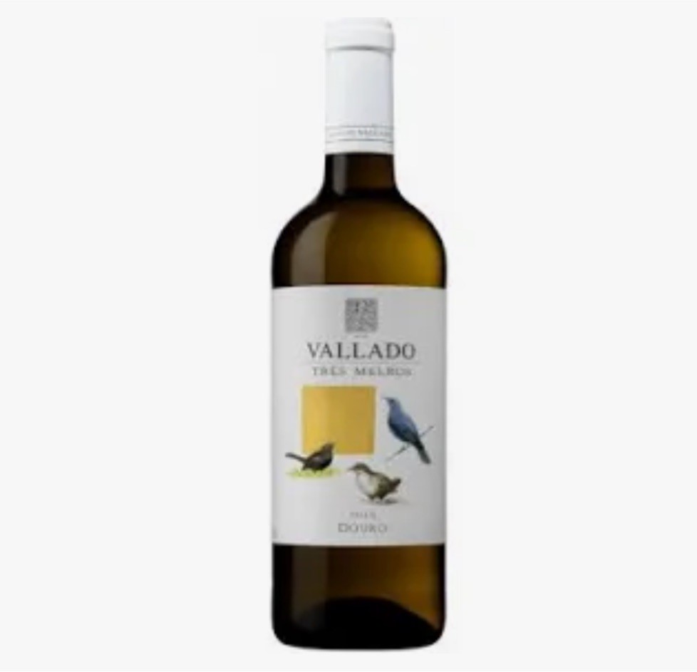 Garrafa de vinho branco VALLADO TRÊS MELLEROS com pássaros na etiqueta