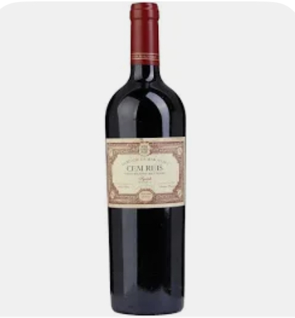 Garrafa de vinho tinto com rótulo e cápsula vermelha