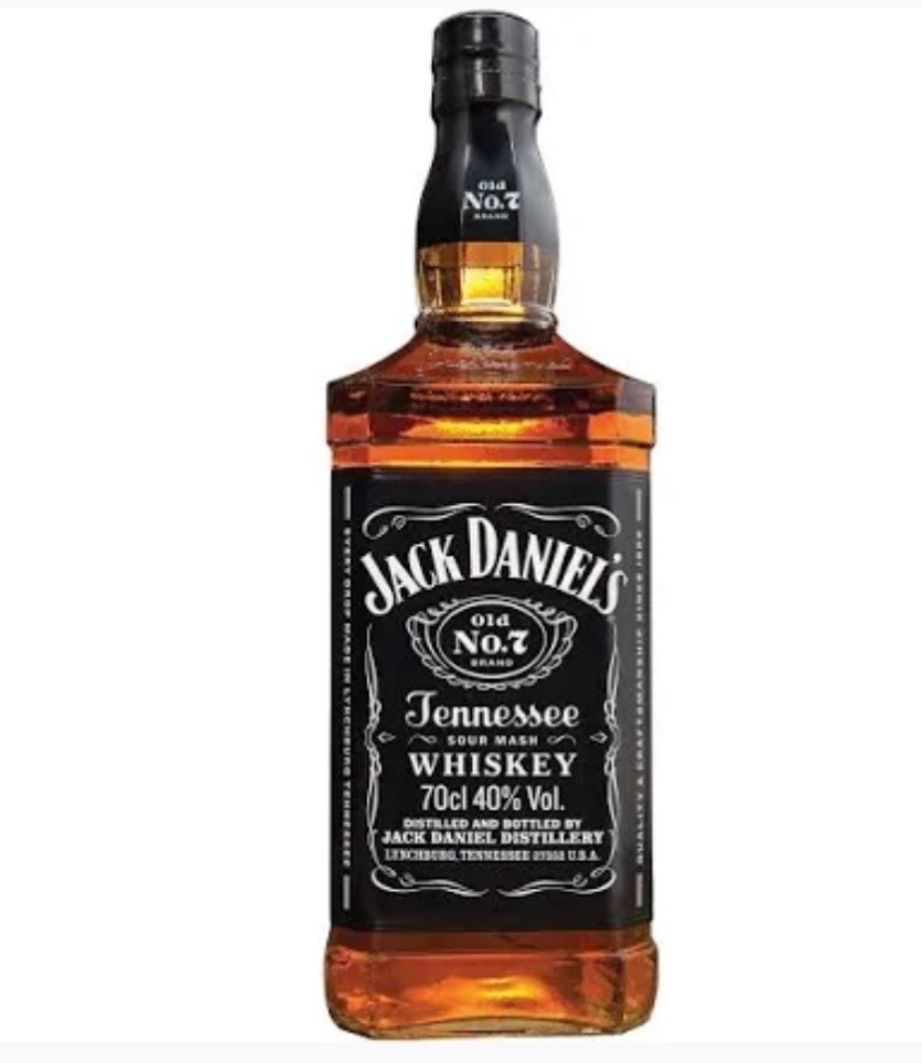 Garrafa de whisky Jack Daniel's Tennessee com rótulo preto e branco