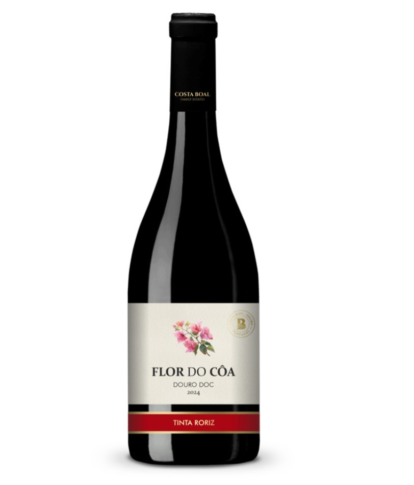 Garrafa de vinho Flor do Côa Tinta Roriz 2014 com rótulo branco e detalhe de flores