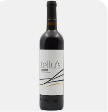 Garrafa de vinho tinto Tellus Douro com rótulo branco decorado com linhas pretas e douradas