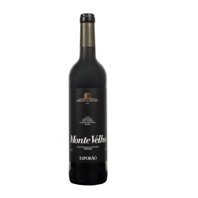 Garrafa de vinho tinto Monte Velho Esporão com rótulo preto e texto branco