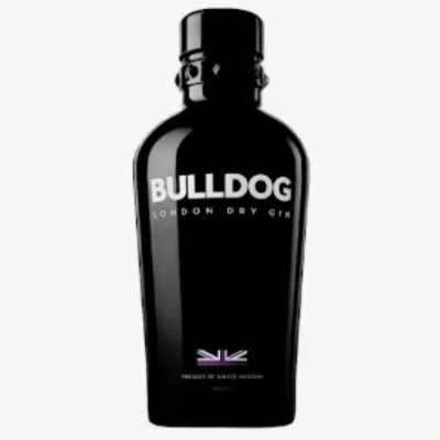 Garrafa preta de gin Bulldog com texto e bandeira do Reino Unido