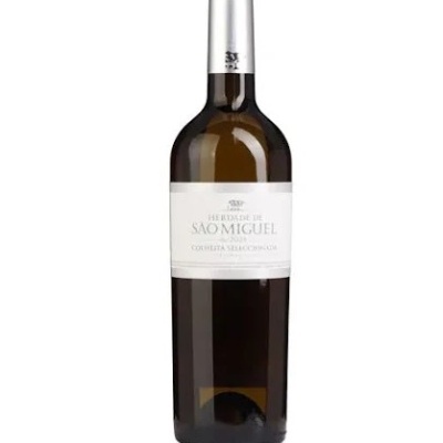 Garrafa de vinho branco Herdade de São Miguel com rótulo branco e tampa prateada