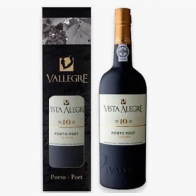 Garrafa de vinho do Porto Vista Alegre 10 anos e embalagem preta com texto