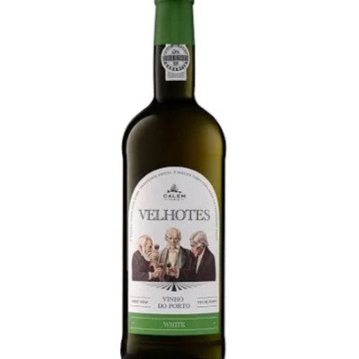 Garrafa de Vinho do Porto branco Velhotes com rótulo branco e verde