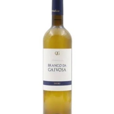 Garrafa de vinho branco Branco da Gaivosa com rótulo branco e azul escuro