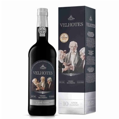 Garrafa e caixa de vinho do Porto Velhotes 10 Anos Tawny com design preto e cinza e ilustração de homens idosos