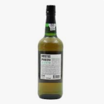 Garrafa de vidro verde com etiqueta branca e tampa preta