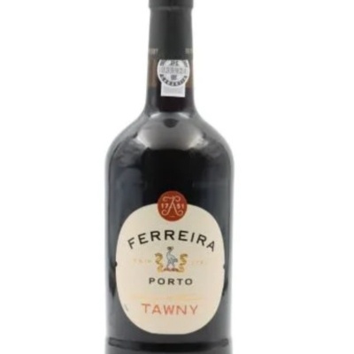 Garrafa de vinho do Porto Ferreira tawny com rótulo redondo claro