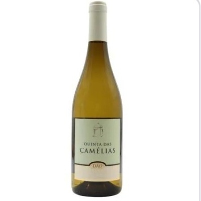 garrafa de vinho branco Quinta das Camélias com rótulo verde e branco