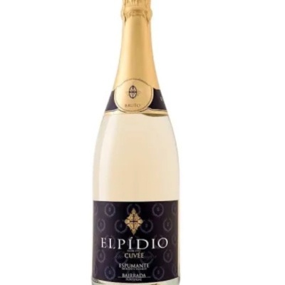 Garrafa de espumante Elpídio Cuvée Bruto com rótulo preto e dourado