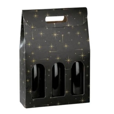 Caixa de embalagem preta com estrelas douradas e recortes frontais para garrafas