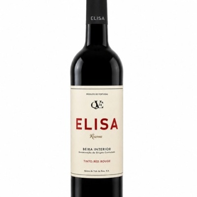 Garrafa de vinho tinto Elisa Reserva com rótulo branco e texto em várias cores