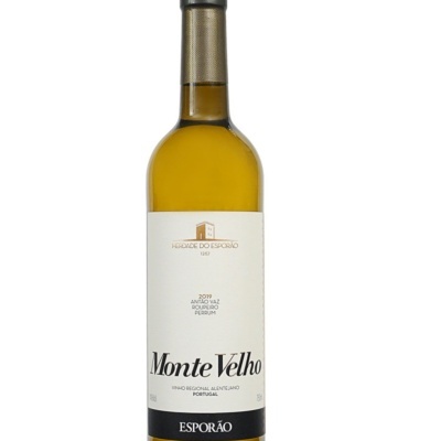 Garrafa de vinho branco Monte Velho Esporão com rótulo branco e preto
