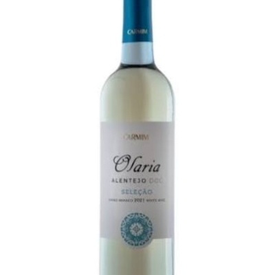 Garrafa de vinho branco Saria Alentejo com rótulo branco e azul