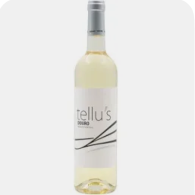 Garrafa de vinho branco com rótulo branco e tampa prateada