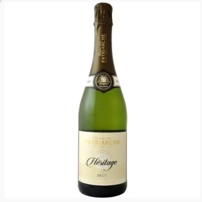 Garrafa de vinho espumante verde com rótulo creme e tampa dourada