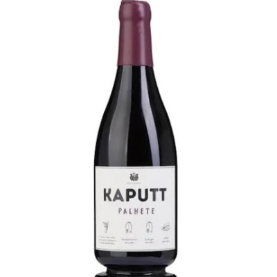 Garrafa de vinho KAPUTT PALHETE com rótulo branco e tampa vinho.