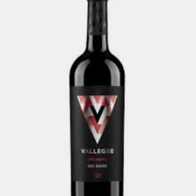 Garrafa de vinho tinto Vallegre com rótulo preto e triângulo geométrico