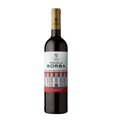 Garrafa de vinho tinto Paços de Borba com rótulo branco e vermelho