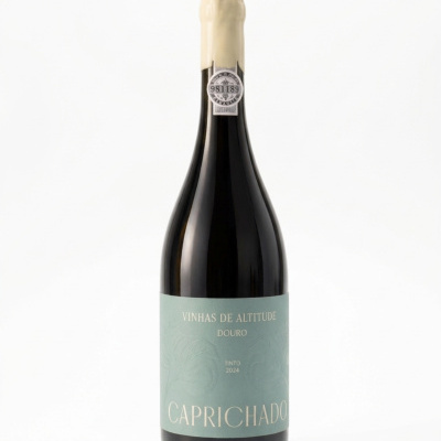 Garrafa de vinho tinto com rótulo verde azulado e selo branco no gargalo