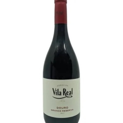 Garrafa de vinho tinto Vila Real Douro Grande Reserva 2017 com rótulo branco e tampa vermelha