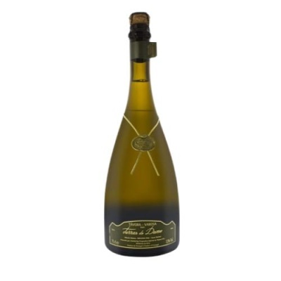 Garrafa de vidro verde com rolha e etiqueta preta com texto TIFFANT VERNES Tetes de Doce