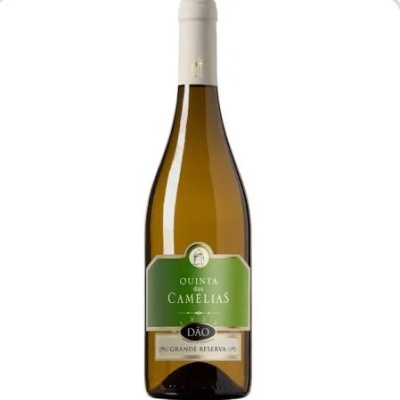 Garrafa de vinho branco com rótulo verde e branco da Quinta das Camélias.