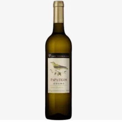 Garrafa de vinho branco Papa Figos Douro 2021 com rótulo e tampa dourada