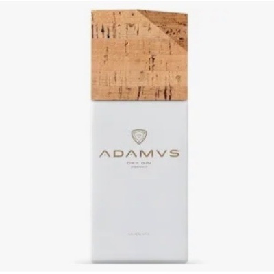 Frasco de perfume branco com tampa de cortiça e texto ADAMVS