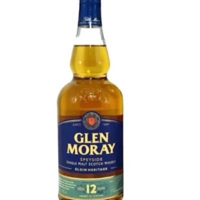 Garrafa de whisky Glen Moray 12 anos com rótulo azul e tampa azul
