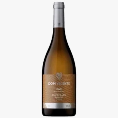 Garrafa de vinho branco DOM VICENTE com rótulo castanho e detalhes brancos