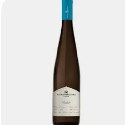 Garrafa de vinho branco com rótulo branco e tampa azul