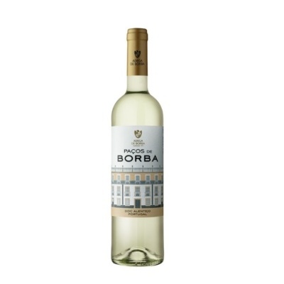 Garrafa de vinho branco Paços de Borba com rótulo branco e bege