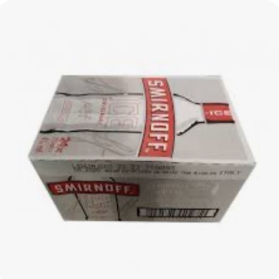 Caixa de bebida Smirnoff Ice em embalagem branca com detalhes vermelhos.