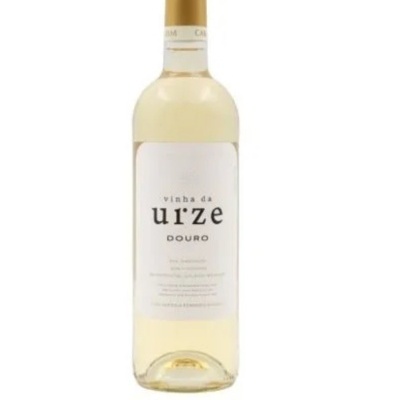 Garrafa de vinho branco com rótulo branco e cápsula dourada