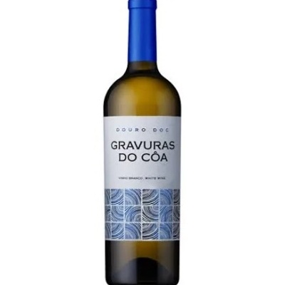 Garrafa de vinho branco Gravuras do Côa com rótulo branco e padrão azul