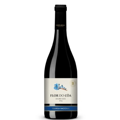 Garrafa de vinho Flor do Côa tinto com rótulo branco e azul