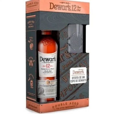 Conjunto Dewars 12 anos com garrafa de whisky e copo em caixa preta e cobre