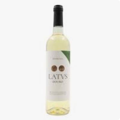 Garrafa de vinho branco com rótulo branco e preto