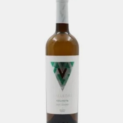 Garrafa de vinho branco com rótulo branco e triângulo verde com letra V