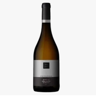 Garrafa de vinho branco com rótulo cinzento e preto